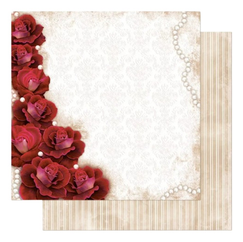 Papel Para Scrapbook Dupla Face - Rosas Vermelhas E Pérolas