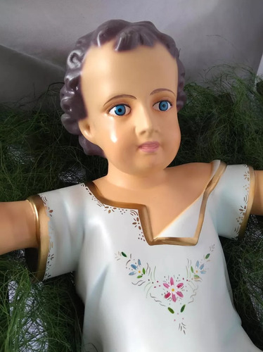Menino Jesus Berco De Madeira 55 Cm Azul Manjedoura Jesus Cor Pintura A Mão