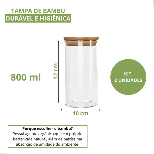 Kit 2 Potes Herméticos Vidro Tampa Bambu 800ml Mantimentos
