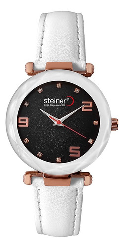 Reloj Análogo Para Dama Steiner Correa De Piel 36mm 3atm Correa Blanco Bisel Blanco Fondo Negro