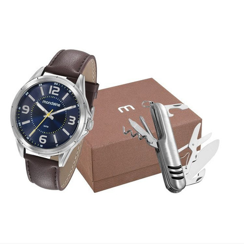 Kit Relógio Masculino Com Canivete Mondaine Pulseira De Couro 53700g0mgnh2k1 - Garantia De 1 Ano E Nota Fiscal