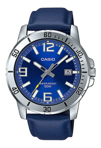 Relógio Casio Masculino Prata Couro Azul Mtp-vd01l-2bvudf