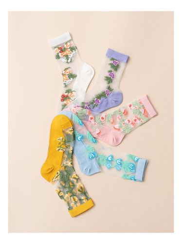 4 Pares De Calcetines De Malla Transparente Con Estampado