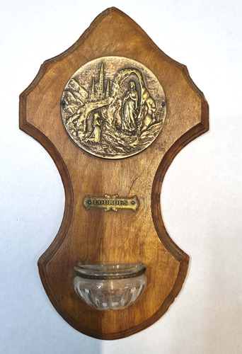 Antigua Pila Bautismal Benditero Madera  Virgen De Lourdes