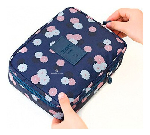 Necessaire Para Viagem Com Divisórias Organizadora Feminina Cor Azul Escuro - Florido