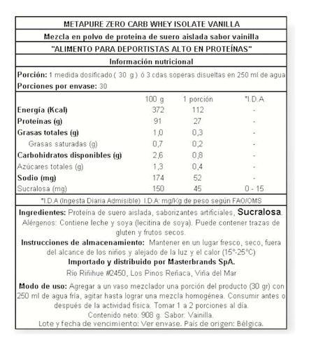 Proteina Metapure Iso Whey Zero 908gr Vainilla - Qnt