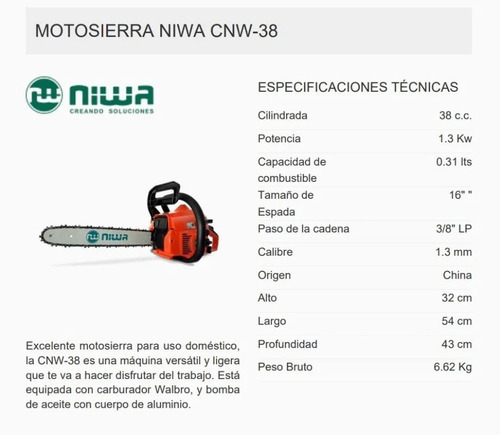 Motosierra a nafta Niwa 38cc CNW-38 1.3kW Espada 16" Paso Cadena 3/8 lp