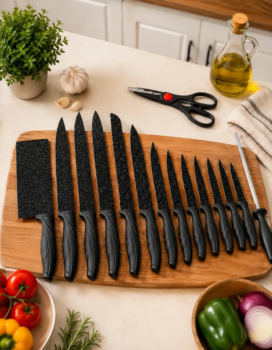 Kit 16 Peças Jogo De Facas Inox Corte Afiado Antiaderente Premium Cabo Soft Conjunto Cutelo Tesoura Chaira Faca de Pão Presente Cor Black