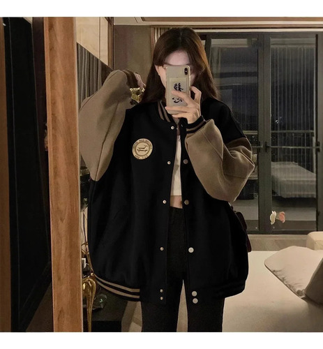 Chaqueta De Béisbol De Forro Polar Bordado Para Mujer, Corte