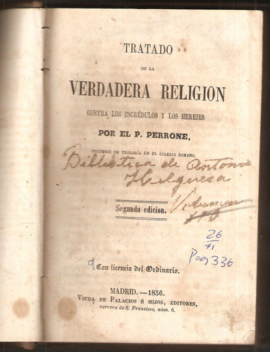 Tratado De La Verdadera Religion P Perrone 1856