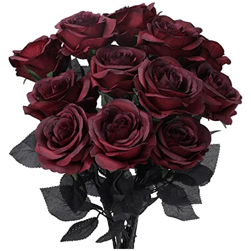 12 Rosas De Seda Artificial Color Vino Tinto, Flores De...