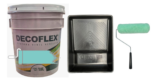 Cubeta De Pintura Vinil Decoflex 18lts Con Charola Y Rodillo Azul Verde Mate