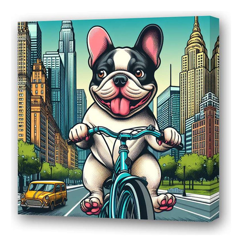 Cuadro 20x20cm Bulldog Frances Bicicleta Contento Feliz