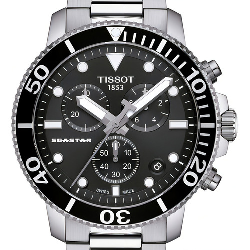 Reloj Tissot Seastar Chrono T120.417.11.051.00 Malla Gris Bisel Acero Fondo Negro
