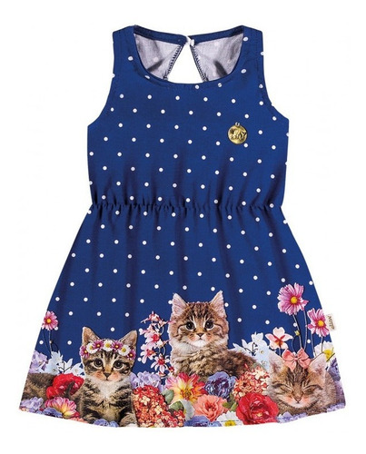 Imagem 2 de 3 de Vestido Bebê Gatinhos Azul 100% Algodão 21740 Elian