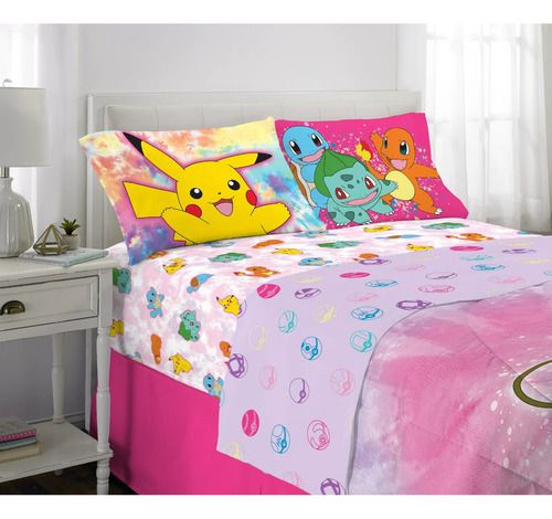 Juego De Sabanas Matrimoniales Pokemon Color Rosa 4 Piezas