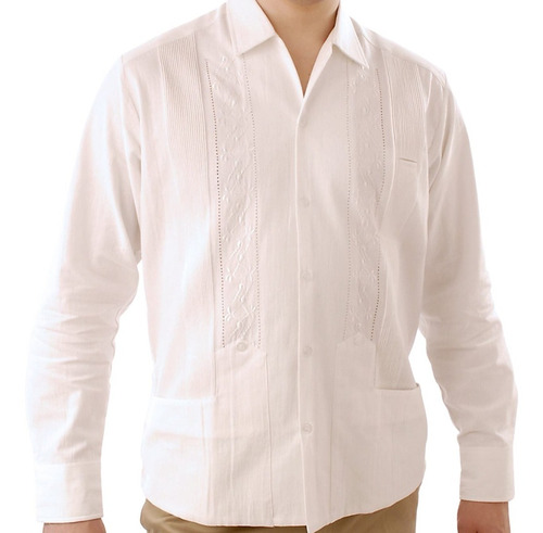 Guayabera Blanca Bordado De Rejillas Blancas 100% Artesanal