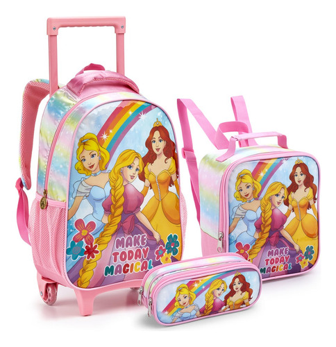 Kit Mochila Rodinhas Lancheira Estojo Escolar Princesas