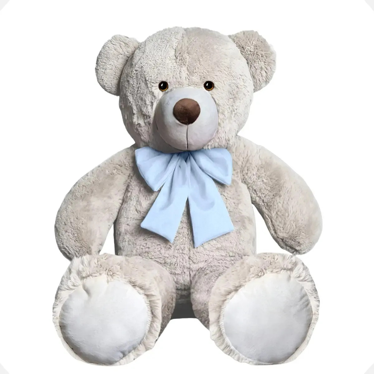 Urso De Pelúcia Teddy Bear Grande Com Laço 50cm Antialérgico Cor Baunilha com Azul Bebe