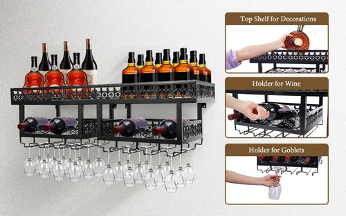 Estante De Vino Montado Pared Soporte Copas De 2 Nivele...