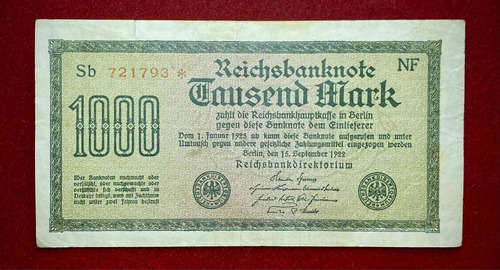 Billete 1000 Marcos Alemania 1922 Pick 76 C.3.nf.2 Mäander