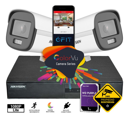 Imagen 1 de 10 de Kit Seguridad 2 Camaras Colorvu + Dvr Hikvision + Disco 1tb