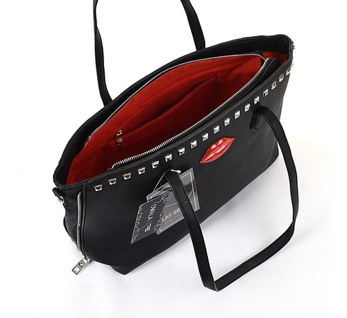 Imagen 4 de 6 de Cartera Las Oreiro Cuero Sintetico Grande Mujer Tachas Negra