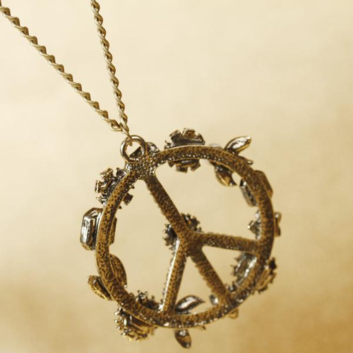Retro Floral Peace \u0026 Sign Colgante Collar De Cadena