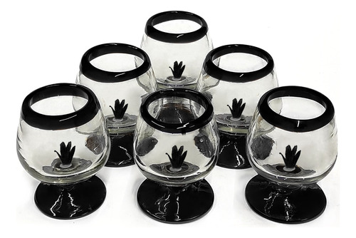 Set 6 Copas Coñac Borde Color Con Agave Negro Vidrio Soplado