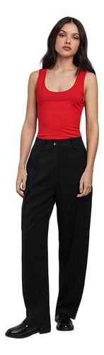 Pantalón Sastre Negro Recto Para Mujer Casual Con Bolsas