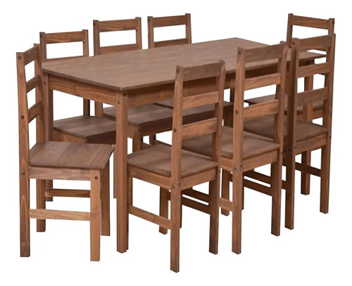 Juego De Comedor Madera Maciza Mesa Y 8 Sillas Tapizadas Color Marrón claro