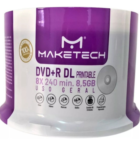 Dvd+r Dl Dual Layer 8.5gb Maketech Compativel Xbox Print 50p