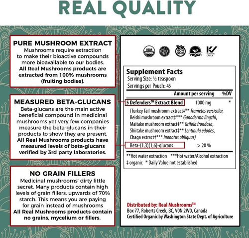 Real Mushrooms 5 Defenders Immune Strength 45 Servings