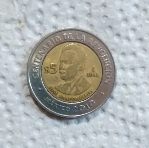moneda de 5 pesos centenario de la revolución 2010 jose vasconcelos