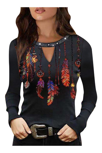 I Blusa Mujer Pulóver Estampado Pluma Cuello O Largo S 4522