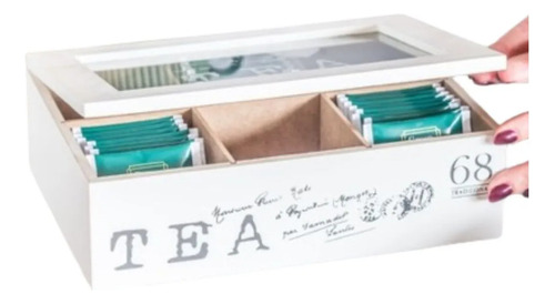 Caja Té Madera Tea 6 Divisiones Deco Tapa Visor Vidrio Tea