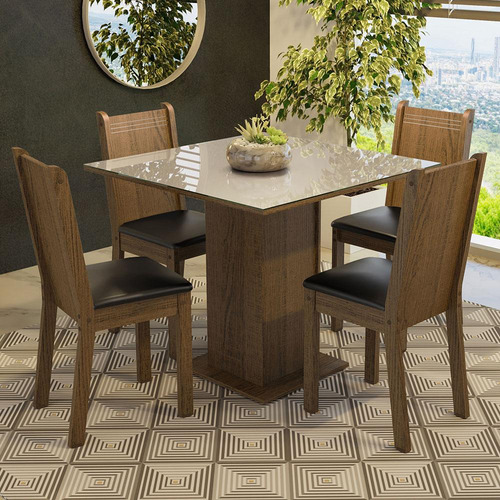 Mesa de comedor con tapa de cristal, 4 sillas Perla Madesa Rcp, color rústico/crema/negro sintético