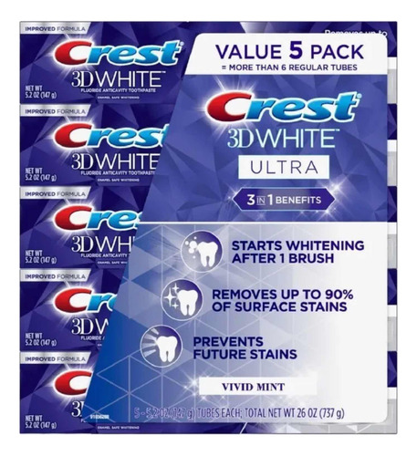 Kit C/5 Creme Dental Crest 3d White Ultra Vivid Mint 147g