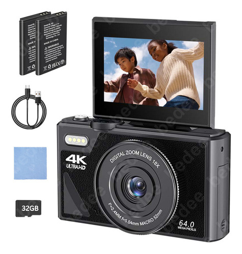 Cámara Digital Bedee 4k 64mp Cámara Vlog Con Tarjeta +32gb 2 Pilas Color Negro