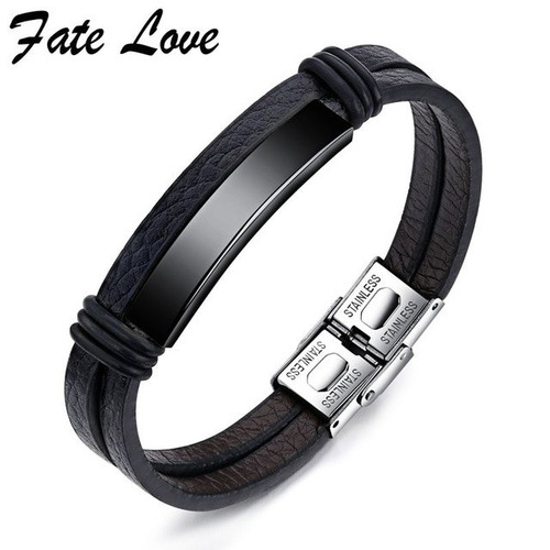 Pulseira Hombre Em Couro Preta