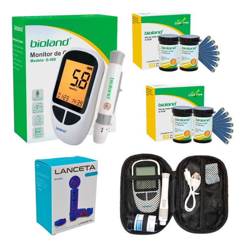 Kit Monitor Glicemia Medidor Glicose 100 Tiras 100 Lancetas