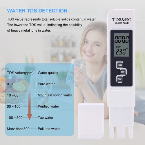 Imagen 2 de 9 de Medidor Digital 3 En 1 Tds Ec Y T Calidad Agua Estuche Grati