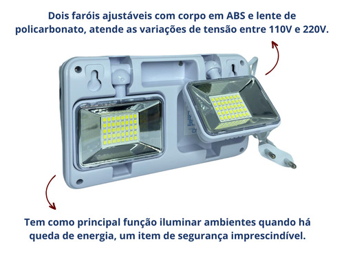 Luminária Bloco Emergência Led 2200 Lumens 2 Faróis Led 10w