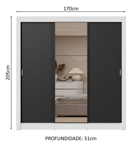 Guarda-roupa Casal 3 Portas C Espelho 2 Gav Sublime Madesa Cor Branco/Preto