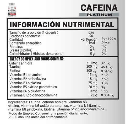 Cafeína 210 Mg | Testrol | Platinum | 90 Caps Sabor Sin sabor