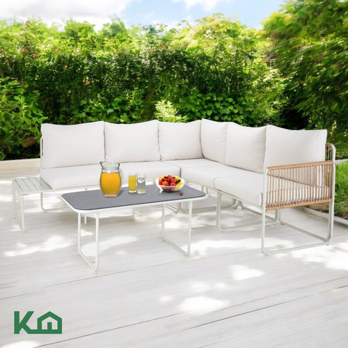 Juego De Sala L sunset ratán Sofá Seccional Para Exterior Jardín Color Natura Con cojines Y Mesa De Centro 5 piezas Mueble De Patio Terraza Balcón Kingshouse