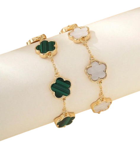 Set 2 Pulseras Trébol De 5 Hojas Clásico De Moda De Shein Verde Y Blanco 16.5 Cm