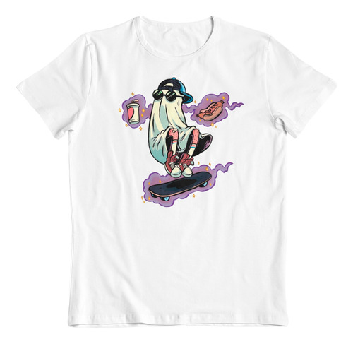 Polera Blanca Algodon Dtf Fantasma Y Comida Rapida Arte Sk8