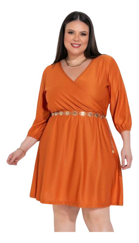 Vestido Evasê Manga 3/4 Decote Transpassado Plus Size