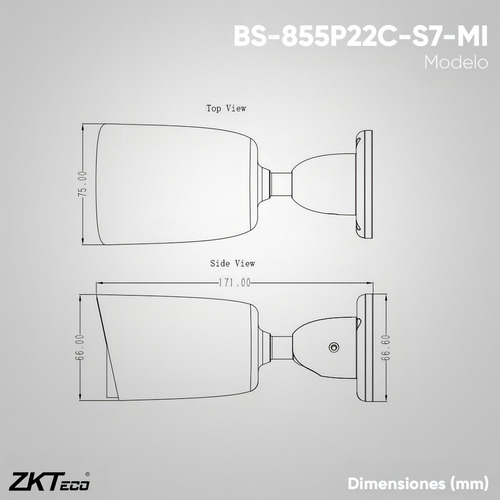 Zkteco Cámara Ip Bullet 5 Mp Metálica Con Micrófono Integrado Modelo Bs855p22cs7mi / Poe / Lente 3.6mm Ir 30mts Con Detección Facial / Compresión H.265 / Protección Ip67 / Video Vigilancia